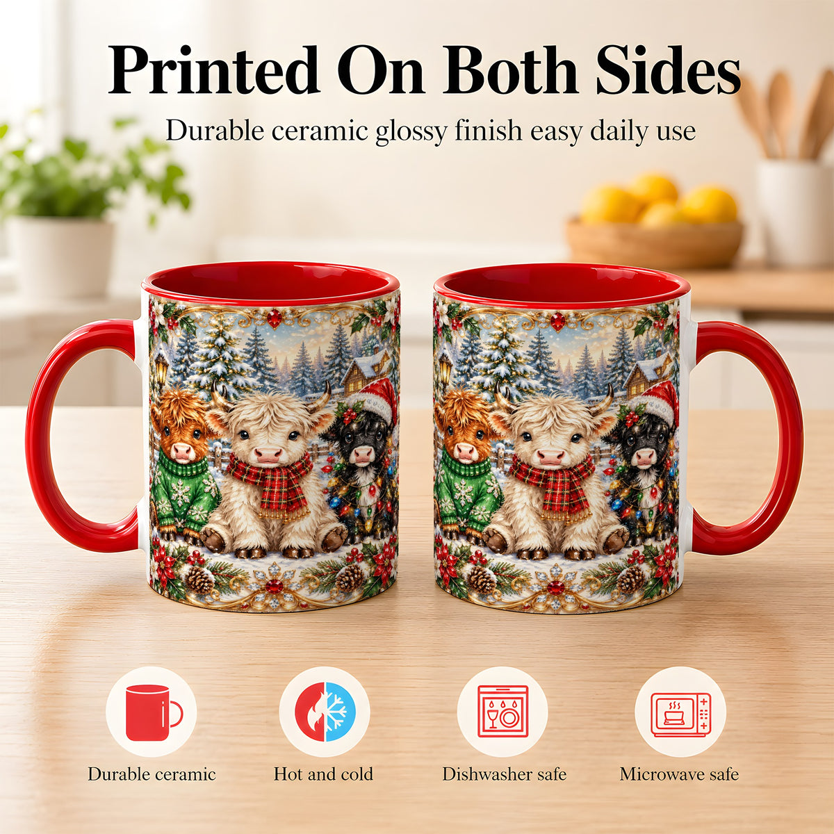 #pl[11oz|Red] Jeweled Highland Cattle Coffee Mug, Christmas Cow Mug, Ceramic Cup