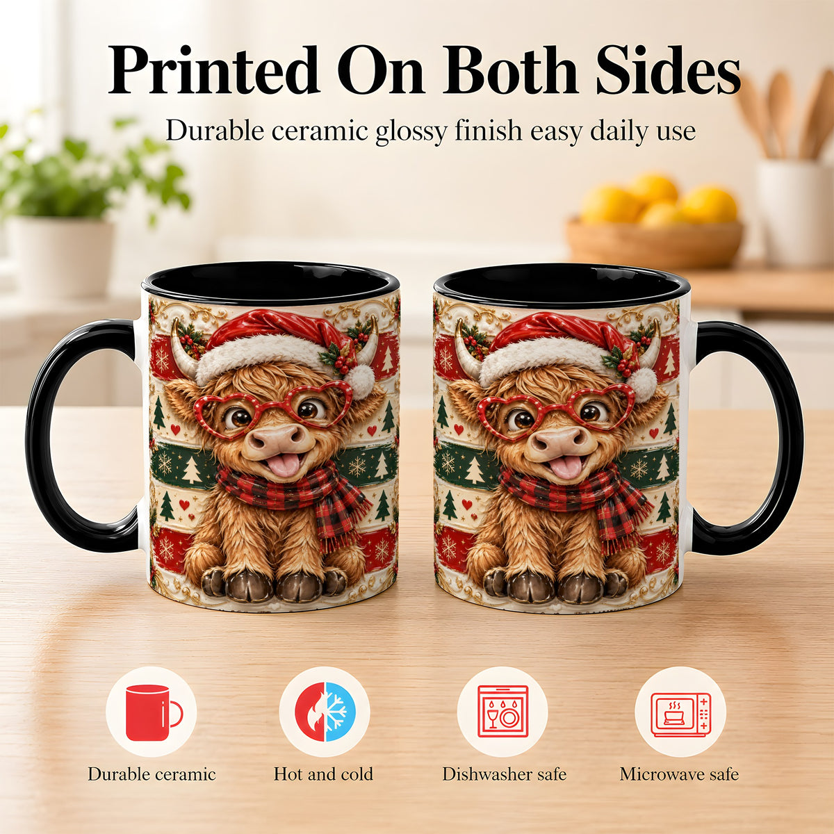 #pl[11oz|Black] Funny Highland Cow Coffee Mug, Christmas Cow Mug, Ceramic Cup