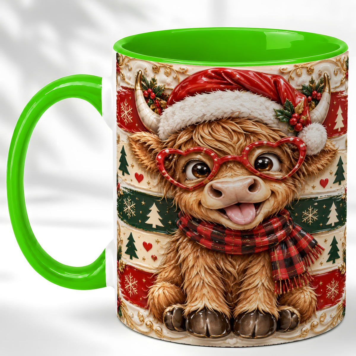 #pl[11oz|Green] Funny Highland Cow Coffee Mug, Christmas Cow Mug, Ceramic Cup