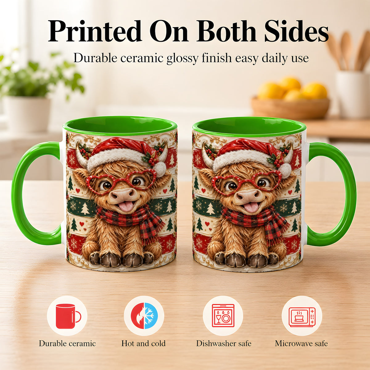 #pl[11oz|Green] Funny Highland Cow Coffee Mug, Christmas Cow Mug, Ceramic Cup