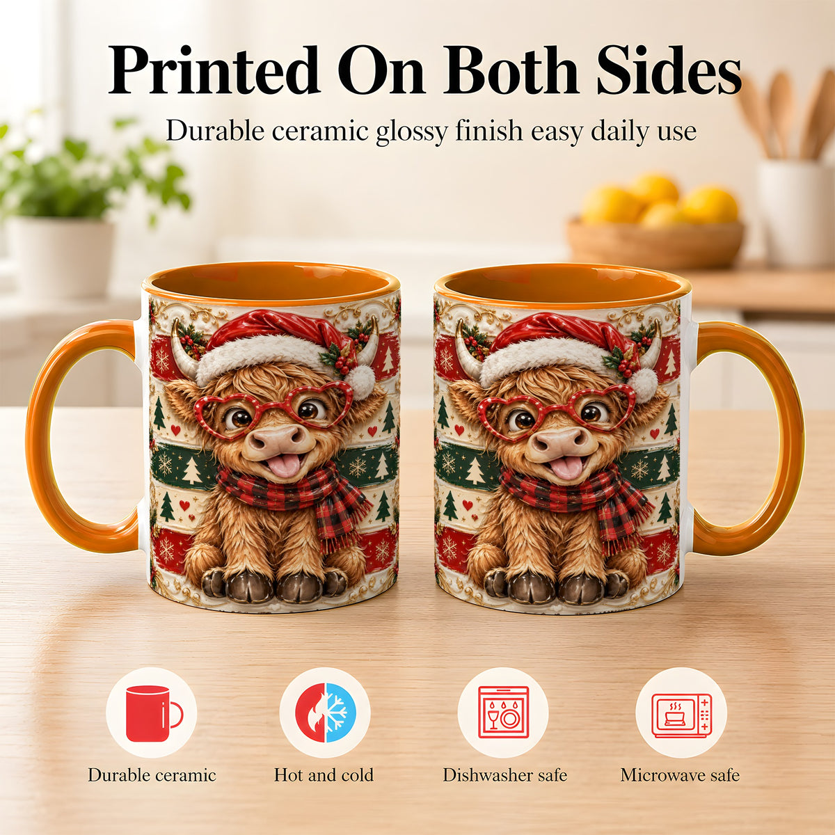 #pl[11oz|Orange] Funny Highland Cow Coffee Mug, Christmas Cow Mug, Ceramic Cup