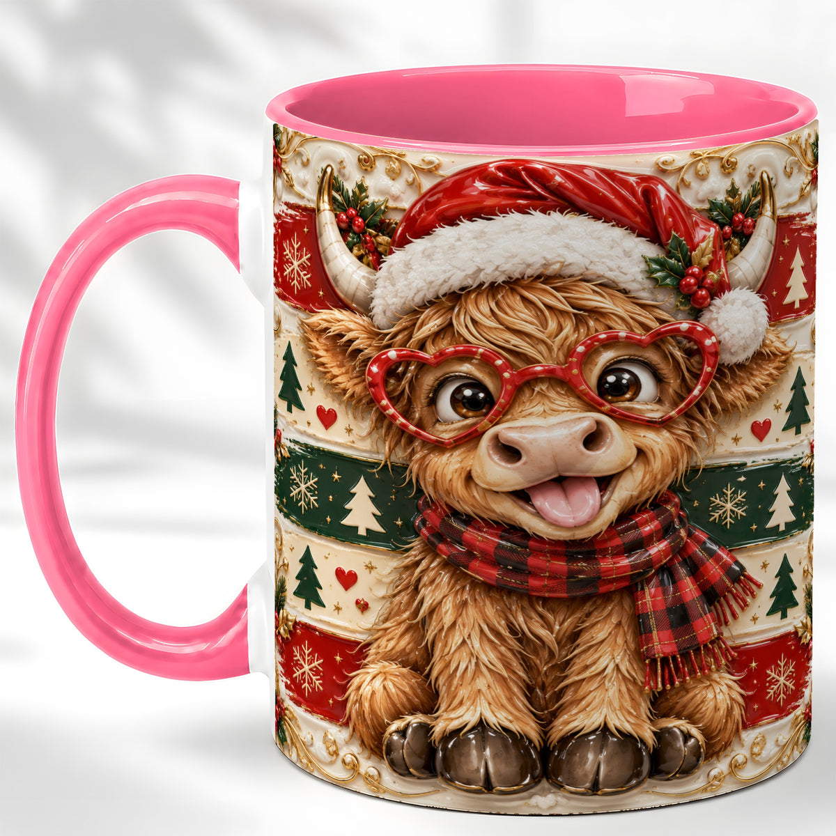 #pl[11oz|Pink] Funny Highland Cow Coffee Mug, Christmas Cow Mug, Ceramic Cup