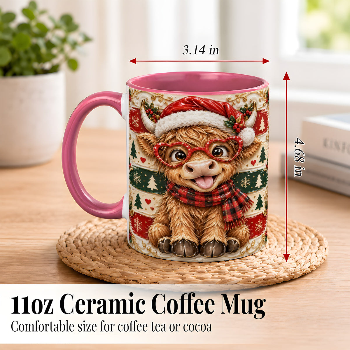 #pl[11oz|Pink] Funny Highland Cow Coffee Mug, Christmas Cow Mug, Ceramic Cup