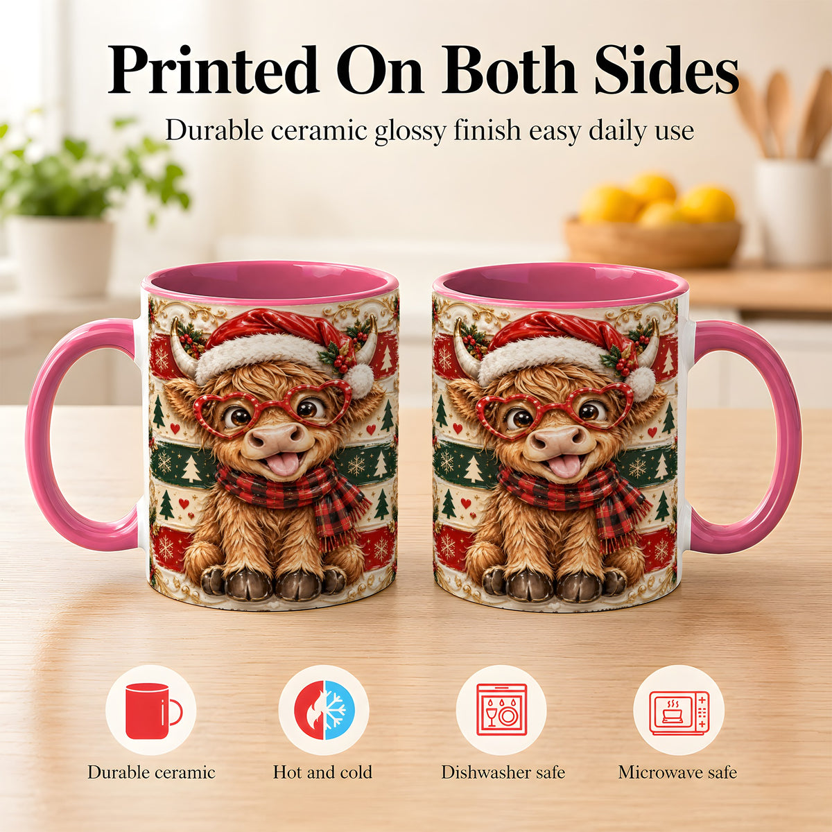 #pl[11oz|Pink] Funny Highland Cow Coffee Mug, Christmas Cow Mug, Ceramic Cup