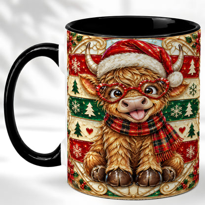 #pl[11oz|Black] Christmas Highland Cow Coffee Mug, Heart Glasses Cow Mug, Ceramic Cup
