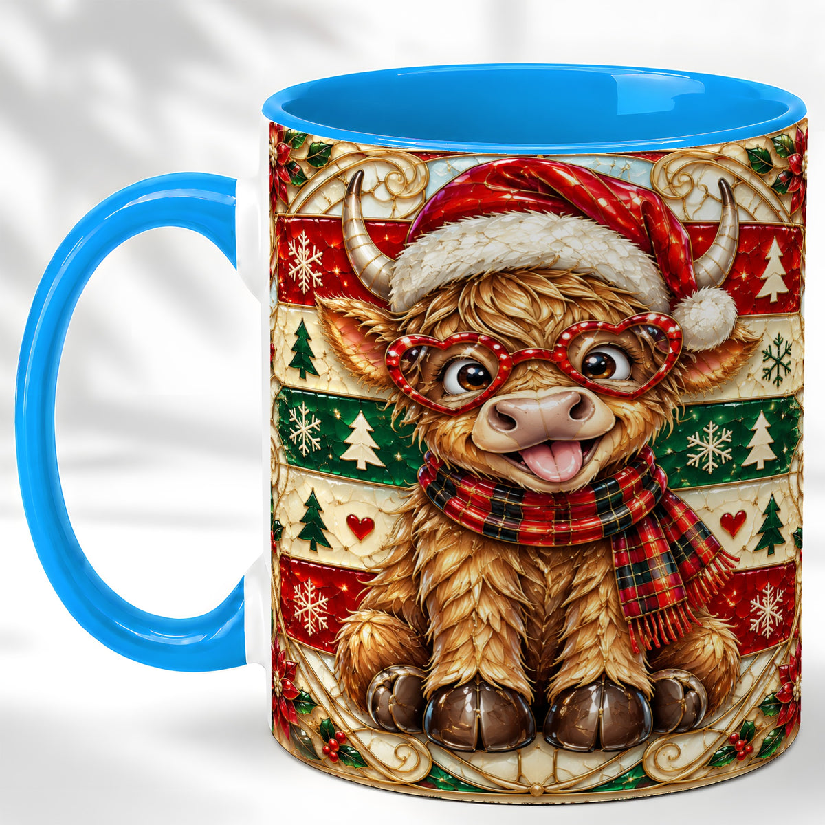 #pl[11oz|Blue] Christmas Highland Cow Coffee Mug, Heart Glasses Cow Mug, Ceramic Cup