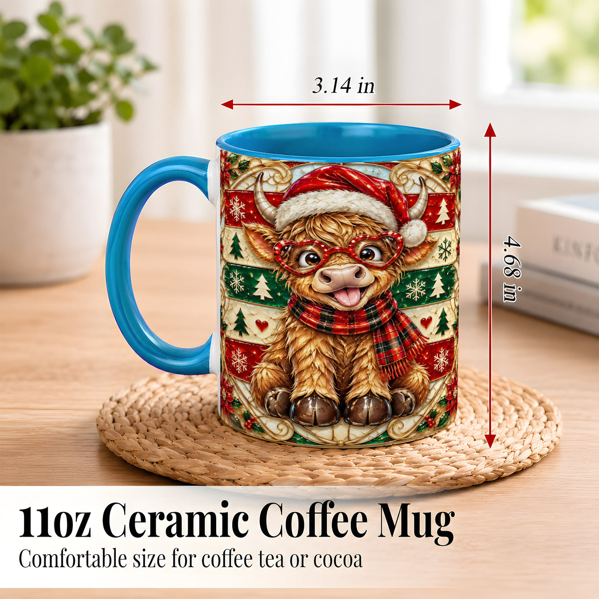 #pl[11oz|Blue] Christmas Highland Cow Coffee Mug, Heart Glasses Cow Mug, Ceramic Cup