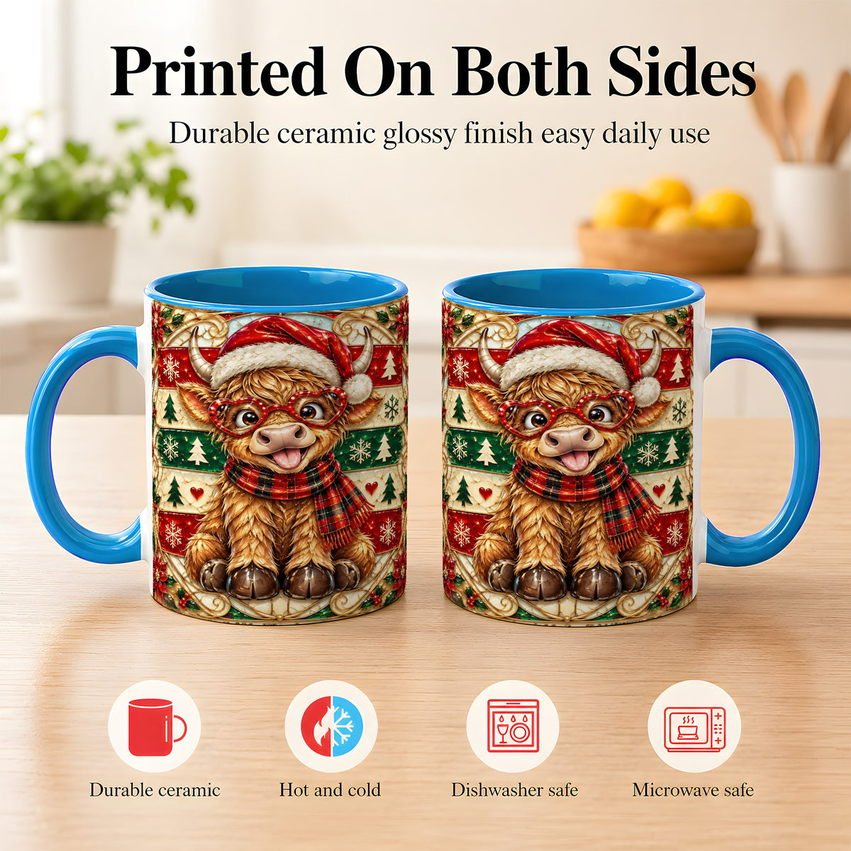 #pl[11oz|Blue] Christmas Highland Cow Coffee Mug, Heart Glasses Cow Mug, Ceramic Cup