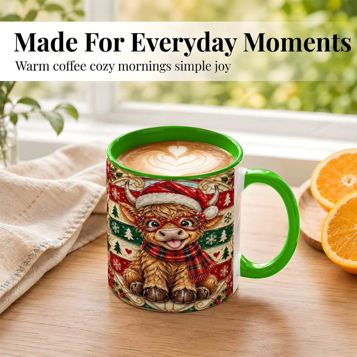 #pl[11oz|Green] Christmas Highland Cow Coffee Mug, Heart Glasses Cow Mug, Ceramic Cup