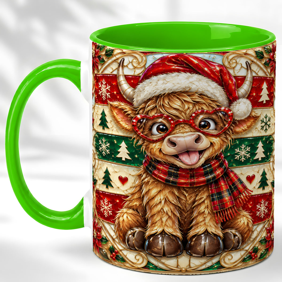 #pl[11oz|Green] Christmas Highland Cow Coffee Mug, Heart Glasses Cow Mug, Ceramic Cup