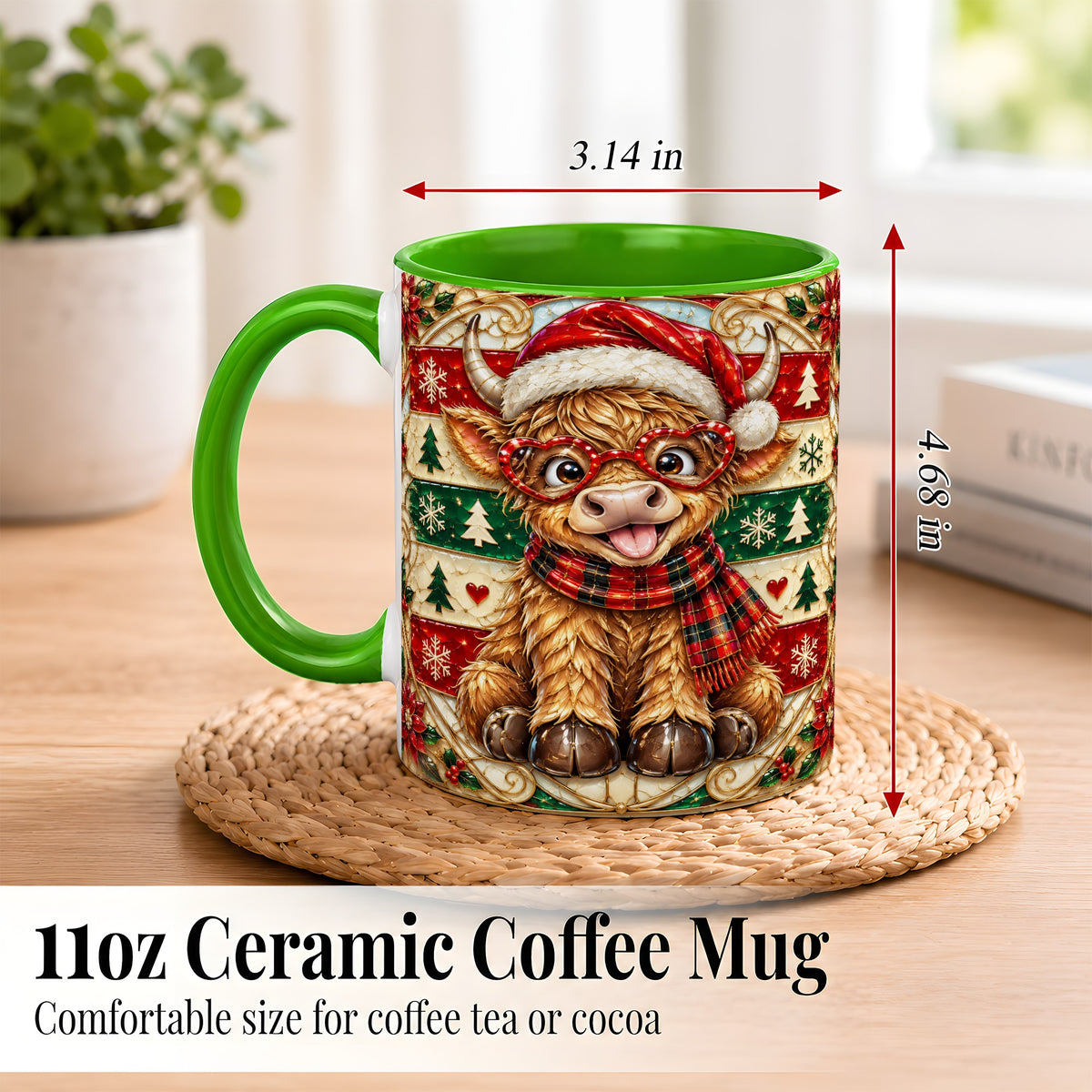 #pl[11oz|Green] Christmas Highland Cow Coffee Mug, Heart Glasses Cow Mug, Ceramic Cup