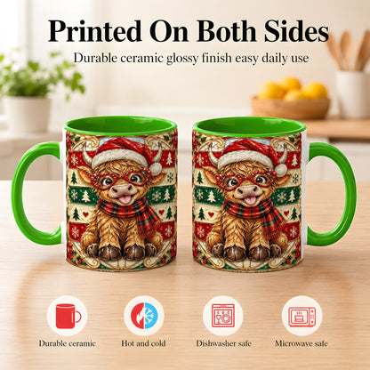 #pl[11oz|Green] Christmas Highland Cow Coffee Mug, Heart Glasses Cow Mug, Ceramic Cup
