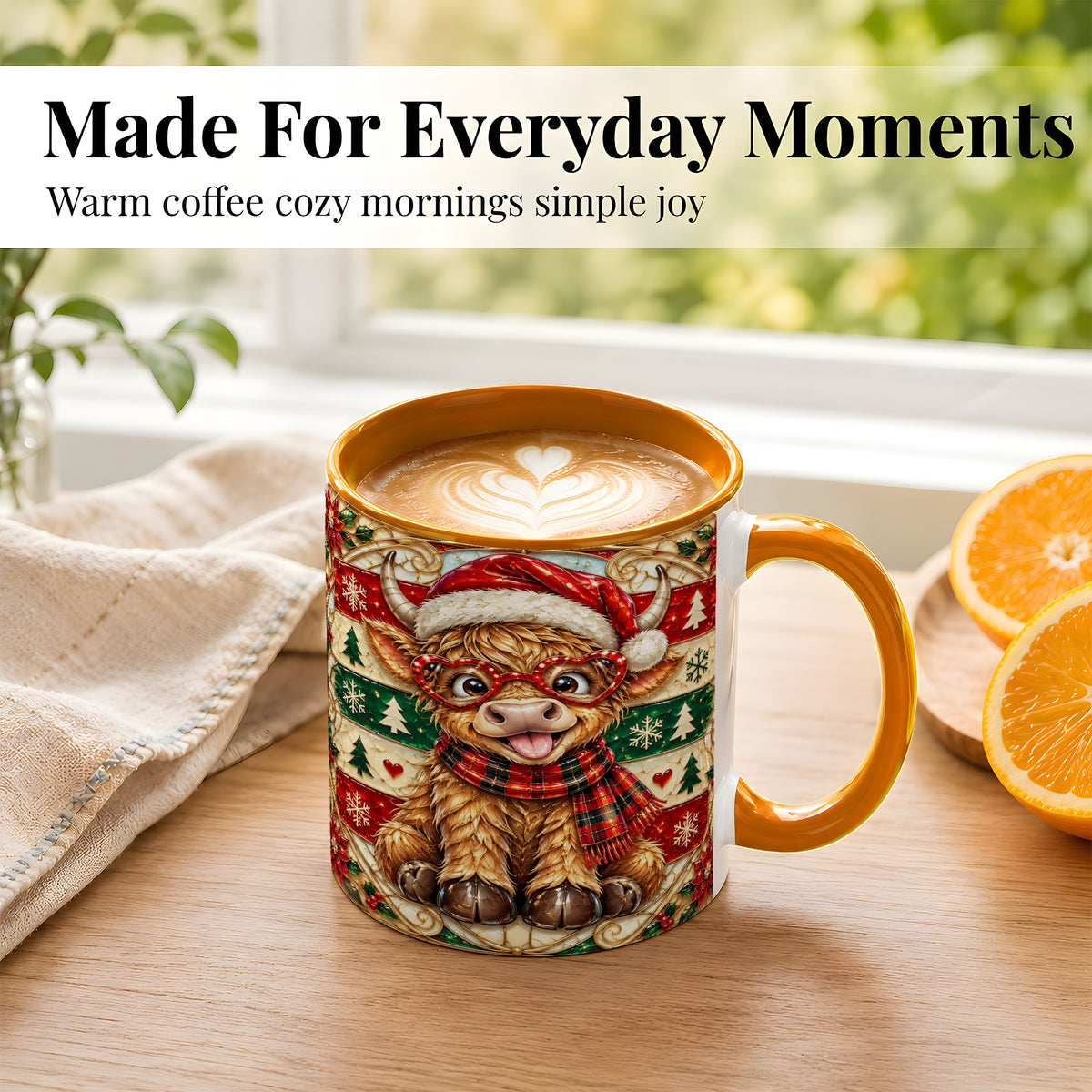 #pl[11oz|Orange] Christmas Highland Cow Coffee Mug, Heart Glasses Cow Mug, Ceramic Cup
