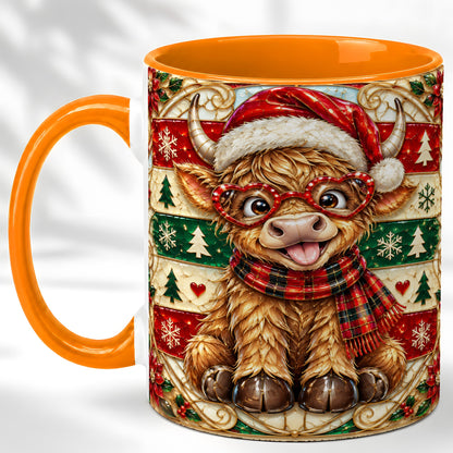 #pl[11oz|Orange] Christmas Highland Cow Coffee Mug, Heart Glasses Cow Mug, Ceramic Cup