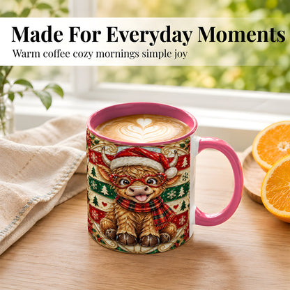 #pl[11oz|Pink] Christmas Highland Cow Coffee Mug, Heart Glasses Cow Mug, Ceramic Cup