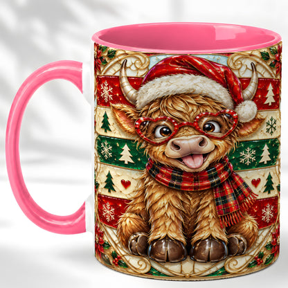 #pl[11oz|Pink] Christmas Highland Cow Coffee Mug, Heart Glasses Cow Mug, Ceramic Cup
