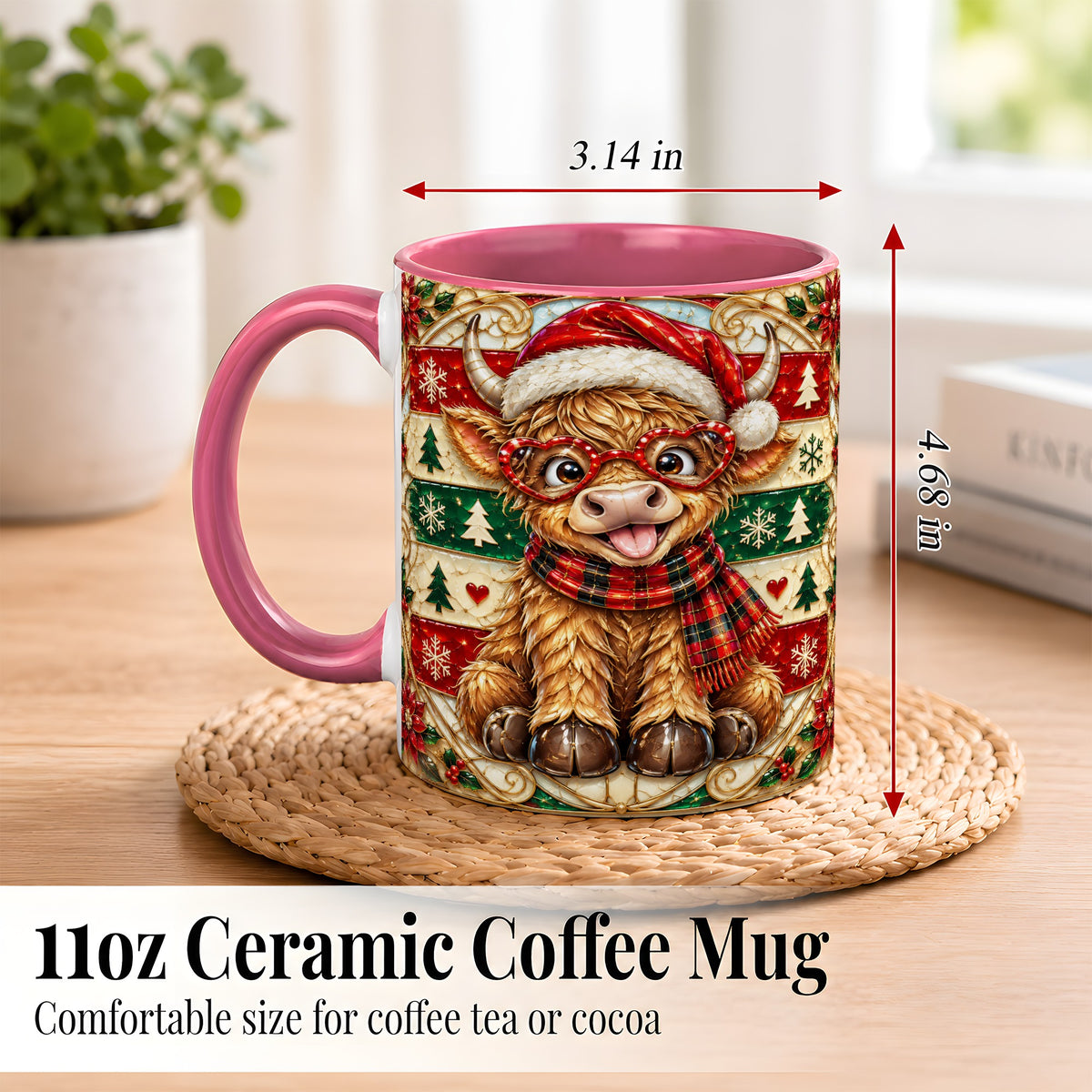 #pl[11oz|Pink] Christmas Highland Cow Coffee Mug, Heart Glasses Cow Mug, Ceramic Cup