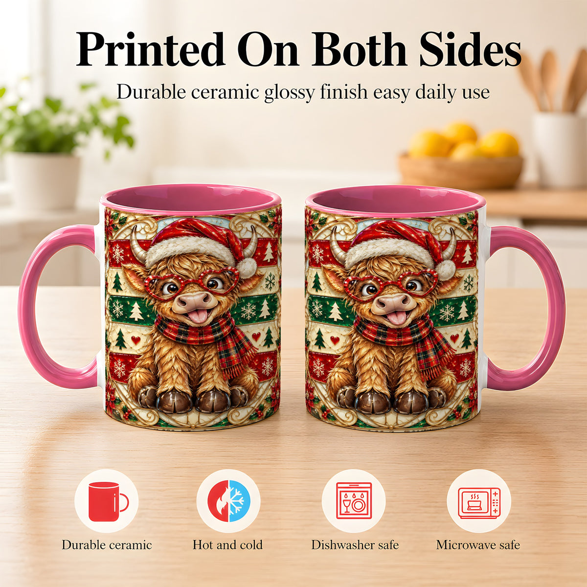 #pl[11oz|Pink] Christmas Highland Cow Coffee Mug, Heart Glasses Cow Mug, Ceramic Cup