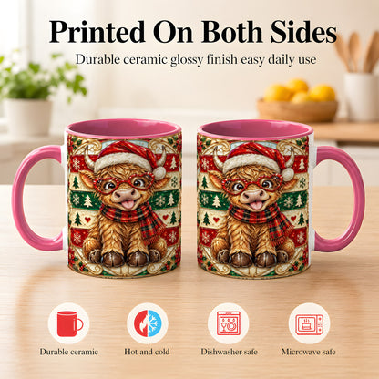 #pl[11oz|Pink] Christmas Highland Cow Coffee Mug, Heart Glasses Cow Mug, Ceramic Cup