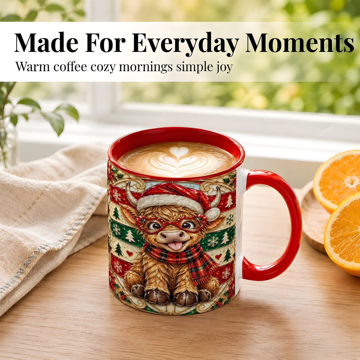 #pl[11oz|Red] Christmas Highland Cow Coffee Mug, Heart Glasses Cow Mug, Ceramic Cup