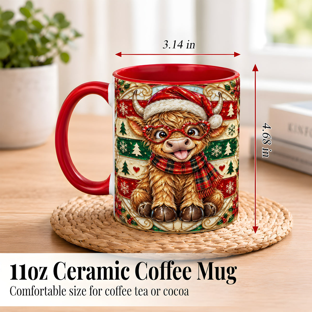 #pl[11oz|Red] Christmas Highland Cow Coffee Mug, Heart Glasses Cow Mug, Ceramic Cup