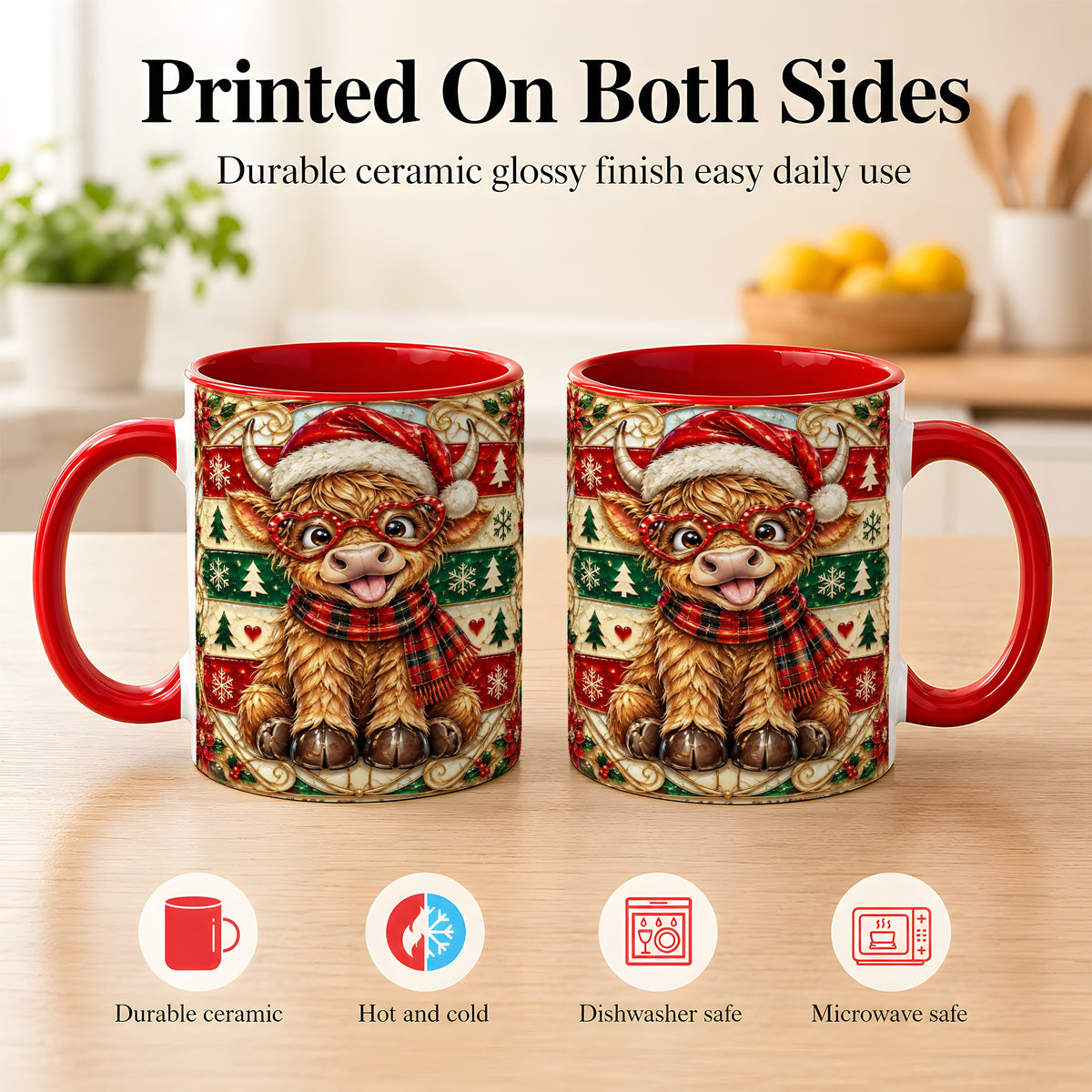 #pl[11oz|Red] Christmas Highland Cow Coffee Mug, Heart Glasses Cow Mug, Ceramic Cup