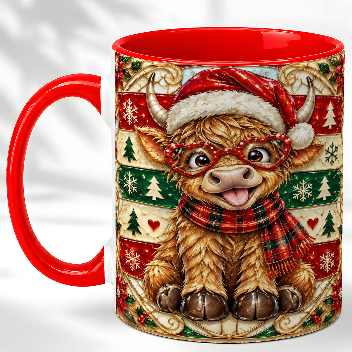 #pl[11oz|Red] Christmas Highland Cow Coffee Mug, Heart Glasses Cow Mug, Ceramic Cup