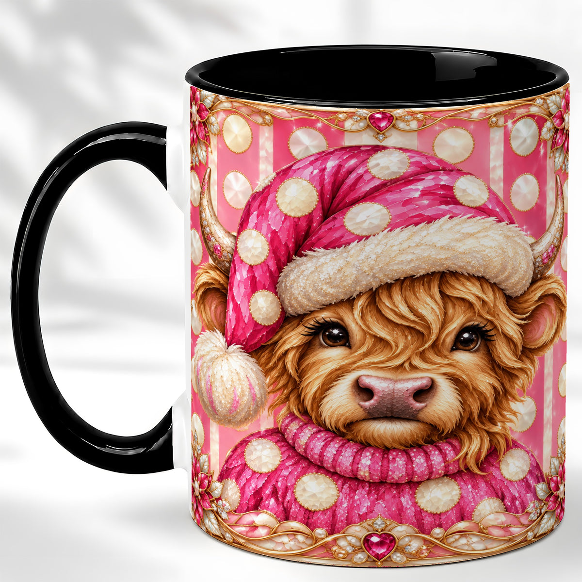 #pl[11oz|Black] Pink Christmas Highland Cow Coffee Mug, Polka Dot Cow Mug, Ceramic Cup