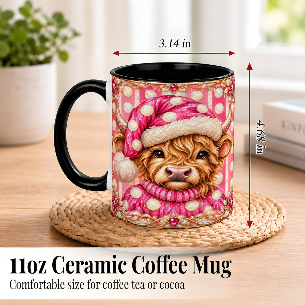 #pl[11oz|Black] Pink Christmas Highland Cow Coffee Mug, Polka Dot Cow Mug, Ceramic Cup