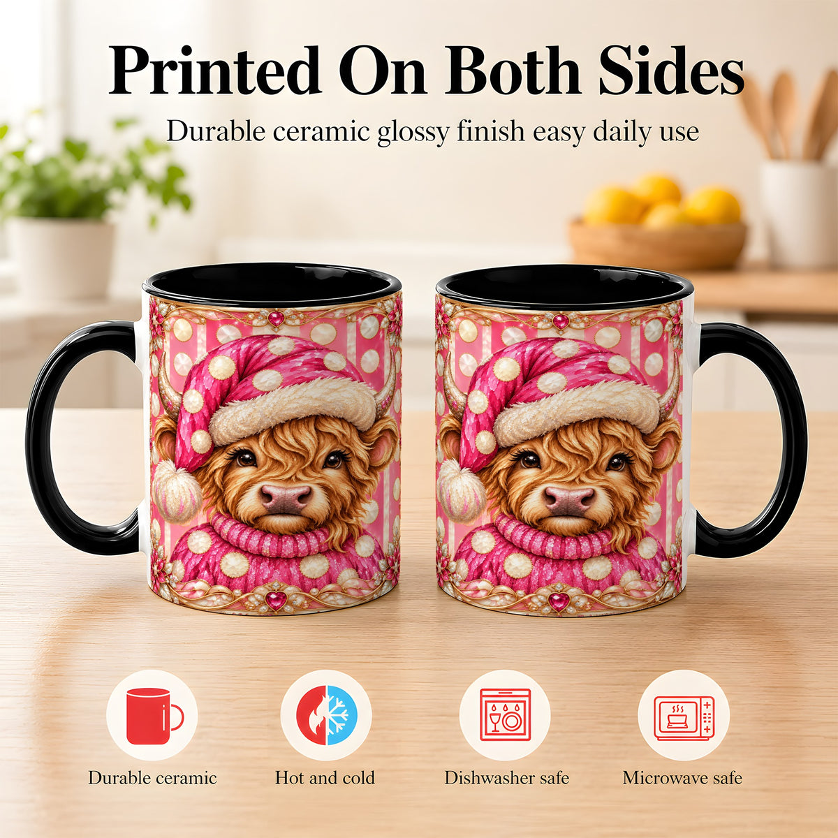 #pl[11oz|Black] Pink Christmas Highland Cow Coffee Mug, Polka Dot Cow Mug, Ceramic Cup