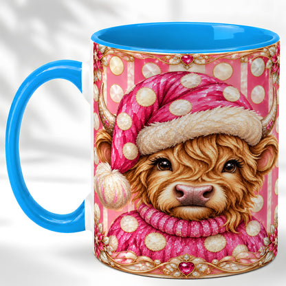 #pl[11oz|Blue] Pink Christmas Highland Cow Coffee Mug, Polka Dot Cow Mug, Ceramic Cup