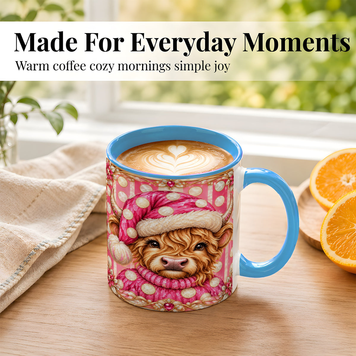 #pl[11oz|Blue] Pink Christmas Highland Cow Coffee Mug, Polka Dot Cow Mug, Ceramic Cup
