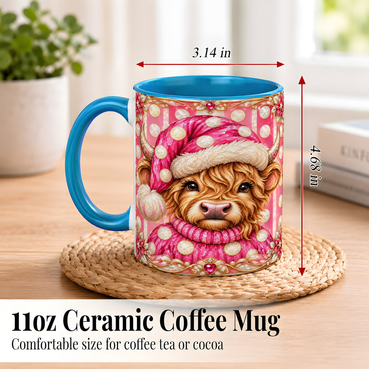 #pl[11oz|Blue] Pink Christmas Highland Cow Coffee Mug, Polka Dot Cow Mug, Ceramic Cup