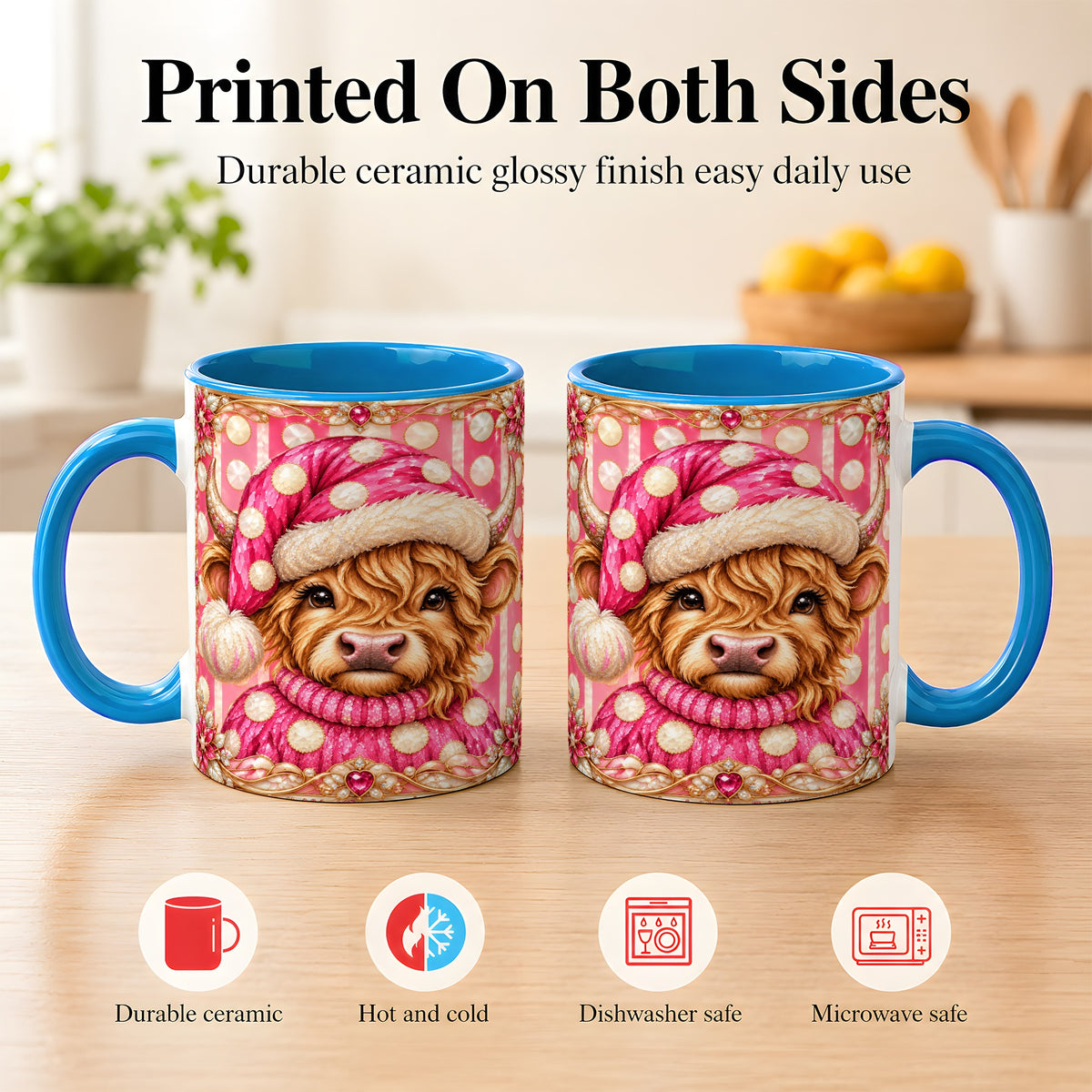 #pl[11oz|Blue] Pink Christmas Highland Cow Coffee Mug, Polka Dot Cow Mug, Ceramic Cup