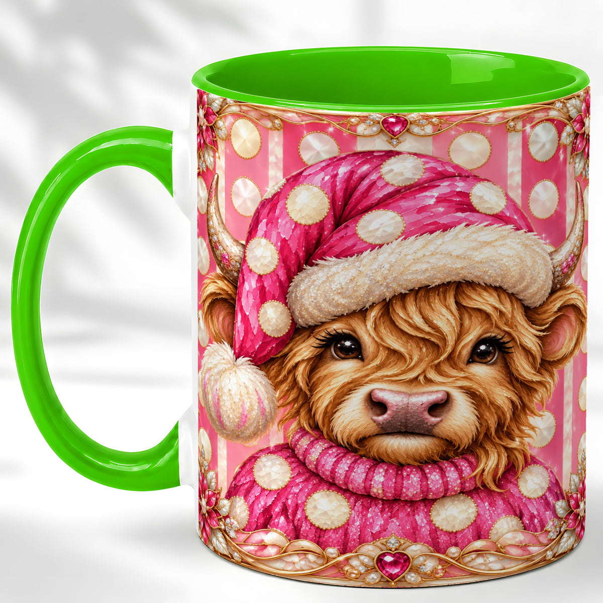#pl[11oz|Green] Pink Christmas Highland Cow Coffee Mug, Polka Dot Cow Mug, Ceramic Cup