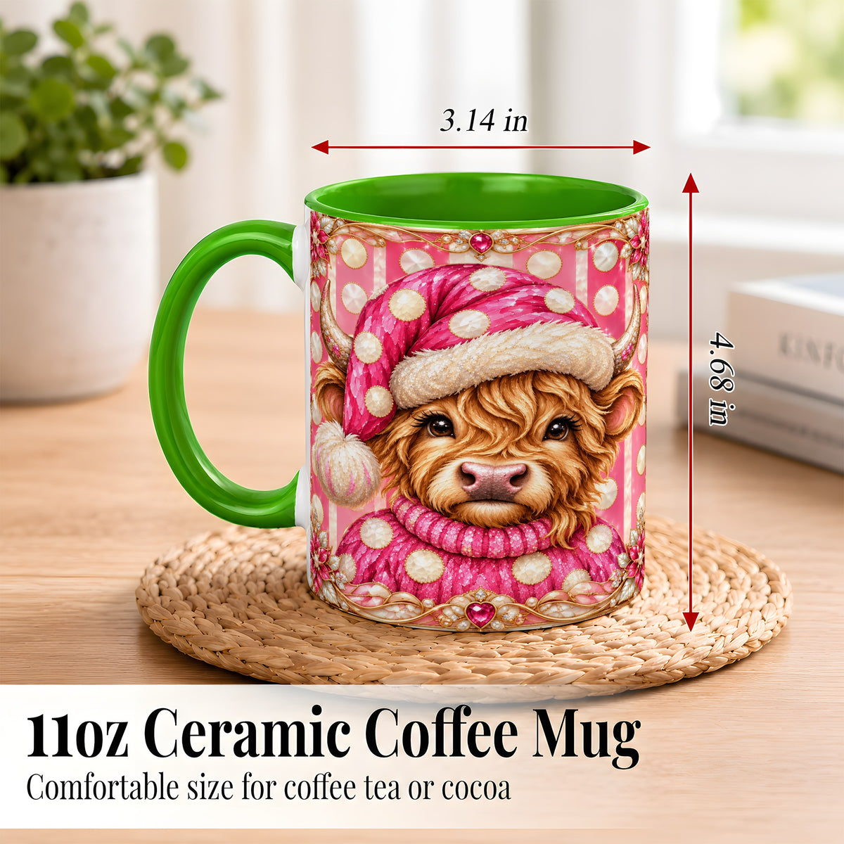 #pl[11oz|Green] Pink Christmas Highland Cow Coffee Mug, Polka Dot Cow Mug, Ceramic Cup