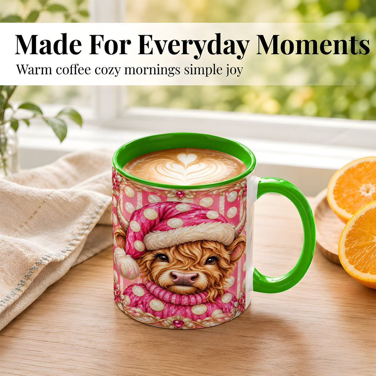 #pl[11oz|Green] Pink Christmas Highland Cow Coffee Mug, Polka Dot Cow Mug, Ceramic Cup