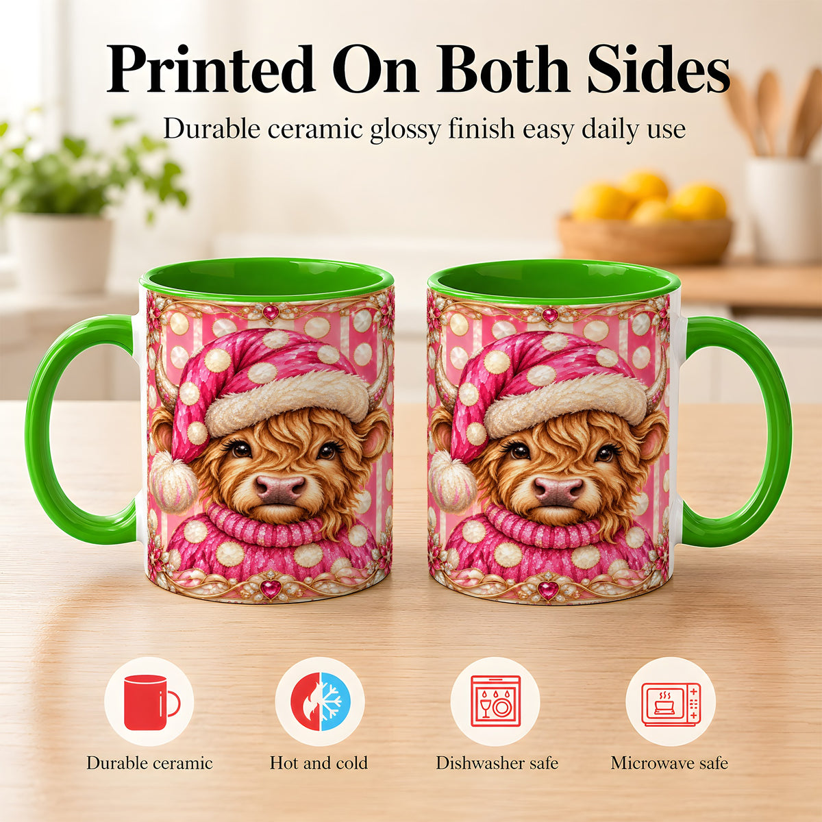 #pl[11oz|Green] Pink Christmas Highland Cow Coffee Mug, Polka Dot Cow Mug, Ceramic Cup