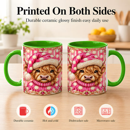 #pl[11oz|Green] Pink Christmas Highland Cow Coffee Mug, Polka Dot Cow Mug, Ceramic Cup