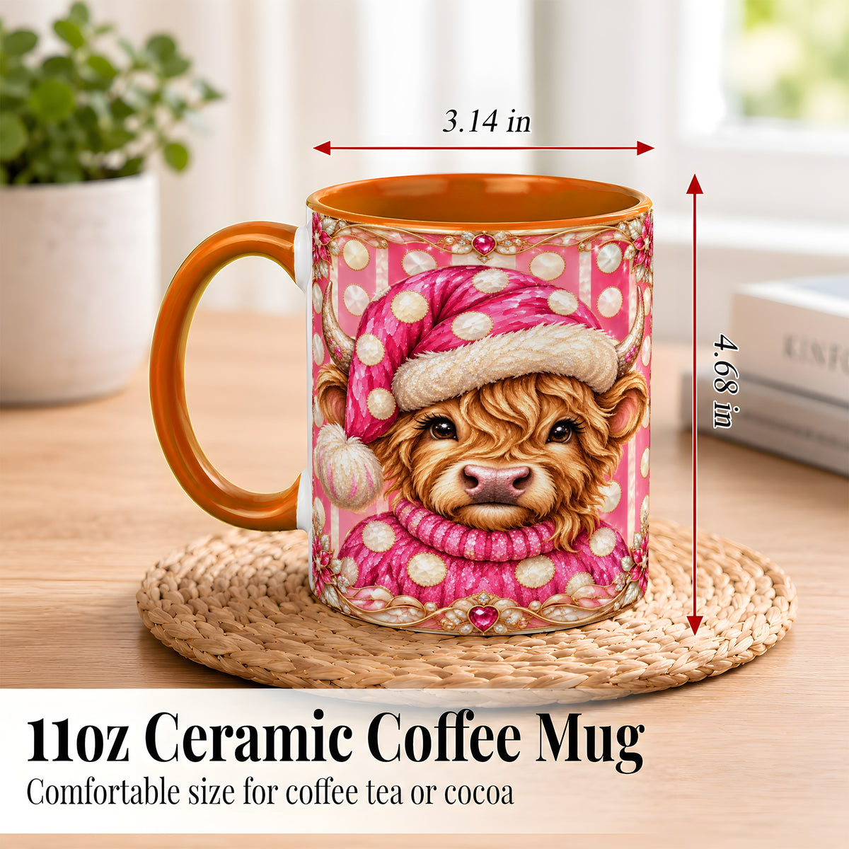#pl[11oz|Orange] Pink Christmas Highland Cow Coffee Mug, Polka Dot Cow Mug, Ceramic Cup