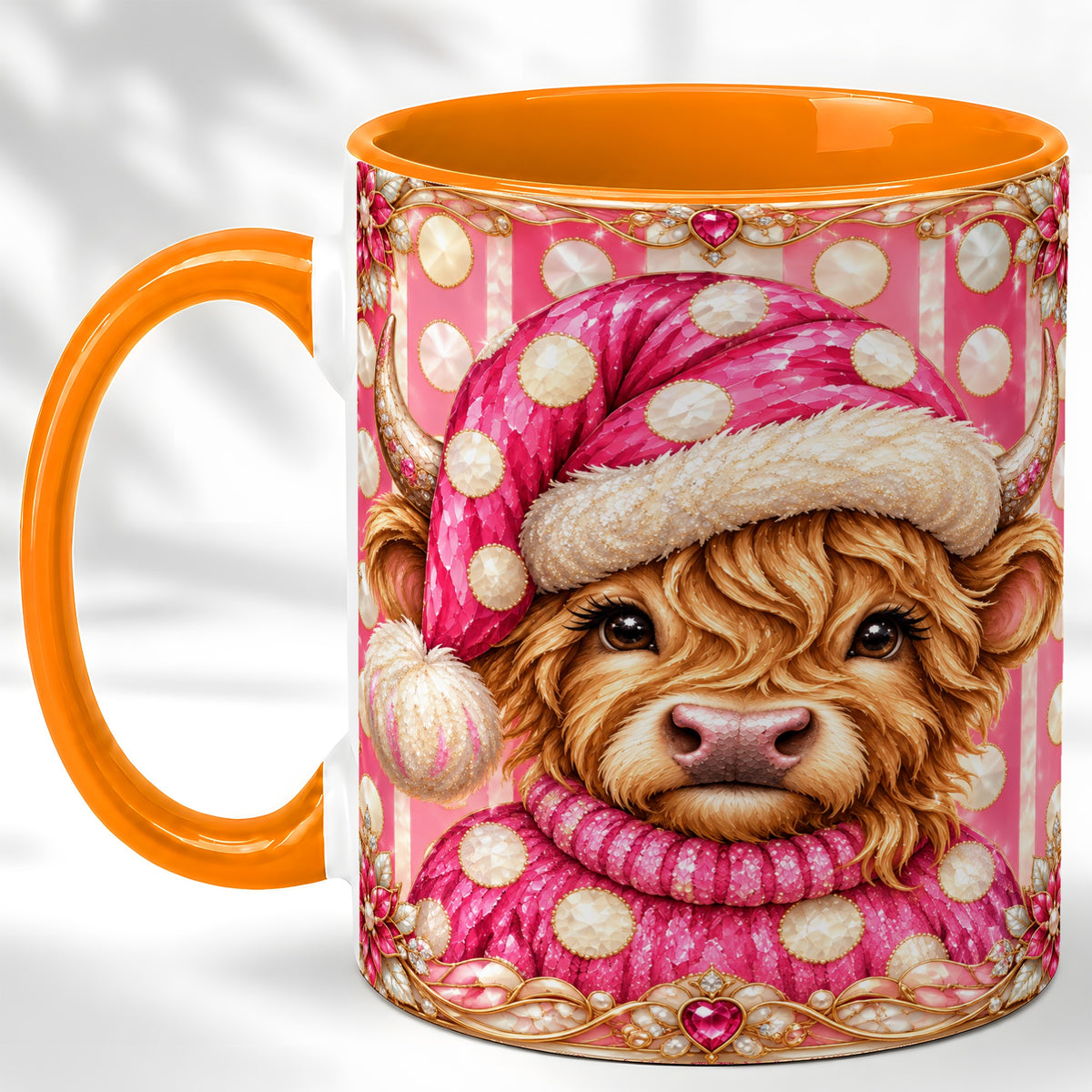 #pl[11oz|Orange] Pink Christmas Highland Cow Coffee Mug, Polka Dot Cow Mug, Ceramic Cup