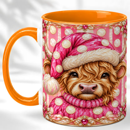 #pl[11oz|Orange] Pink Christmas Highland Cow Coffee Mug, Polka Dot Cow Mug, Ceramic Cup