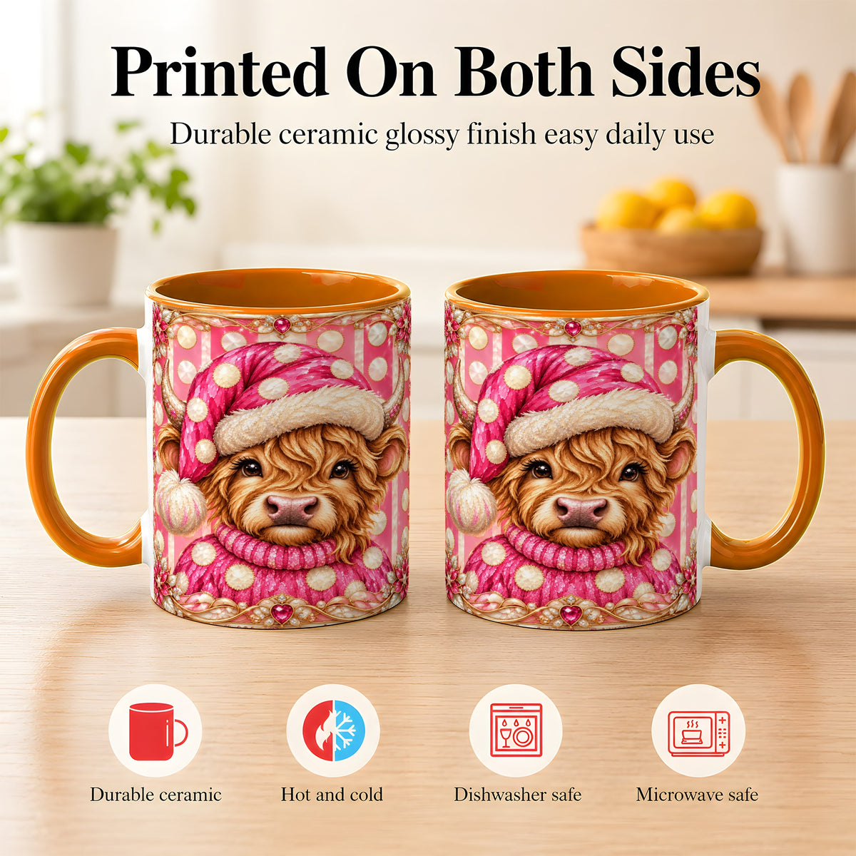 #pl[11oz|Orange] Pink Christmas Highland Cow Coffee Mug, Polka Dot Cow Mug, Ceramic Cup