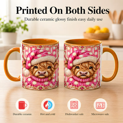 #pl[11oz|Orange] Pink Christmas Highland Cow Coffee Mug, Polka Dot Cow Mug, Ceramic Cup