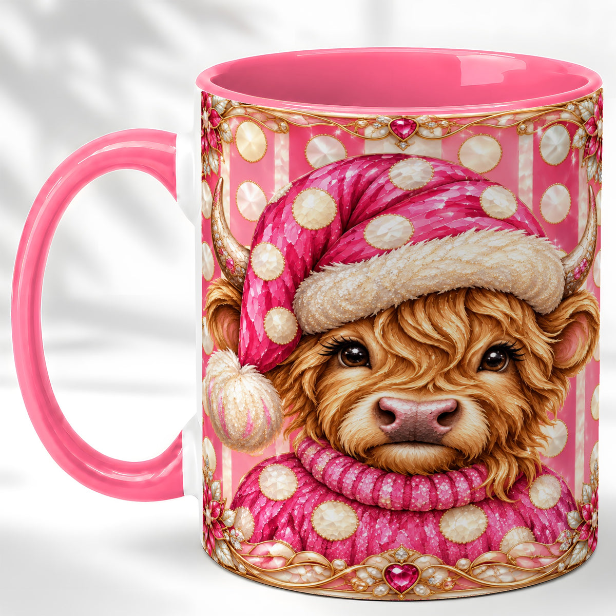 #pl[11oz|Pink] Pink Christmas Highland Cow Coffee Mug, Polka Dot Cow Mug, Ceramic Cup