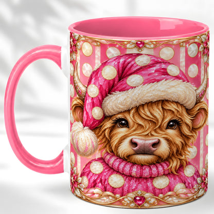 #pl[11oz|Pink] Pink Christmas Highland Cow Coffee Mug, Polka Dot Cow Mug, Ceramic Cup