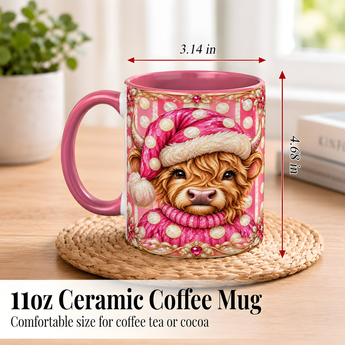 #pl[11oz|Pink] Pink Christmas Highland Cow Coffee Mug, Polka Dot Cow Mug, Ceramic Cup