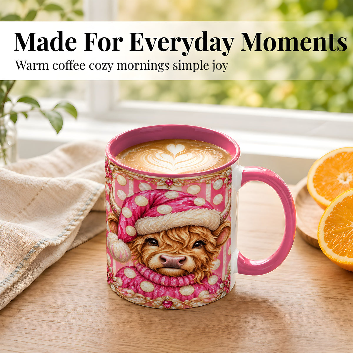 #pl[11oz|Pink] Pink Christmas Highland Cow Coffee Mug, Polka Dot Cow Mug, Ceramic Cup