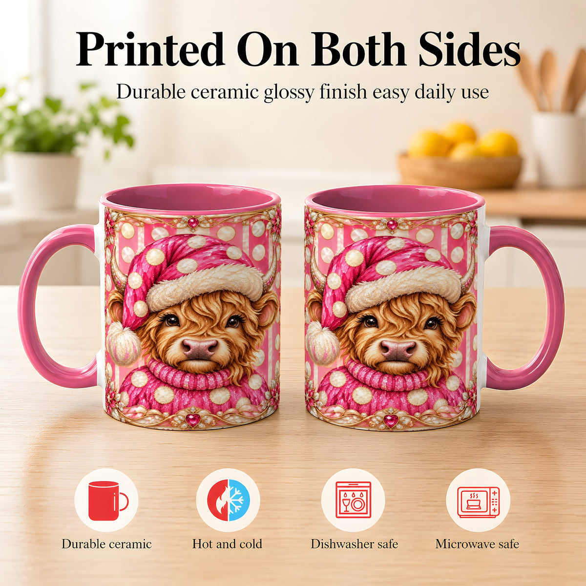 #pl[11oz|Pink] Pink Christmas Highland Cow Coffee Mug, Polka Dot Cow Mug, Ceramic Cup