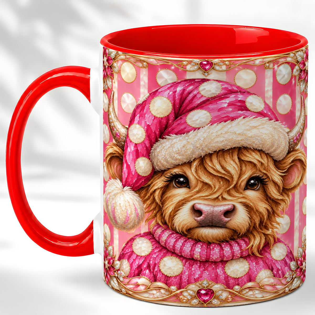 #pl[11oz|Red] Pink Christmas Highland Cow Coffee Mug, Polka Dot Cow Mug, Ceramic Cup